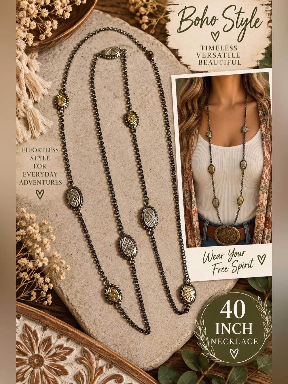 744 Two-Tone Long Beaded Necklace with Gold Accents – 40"